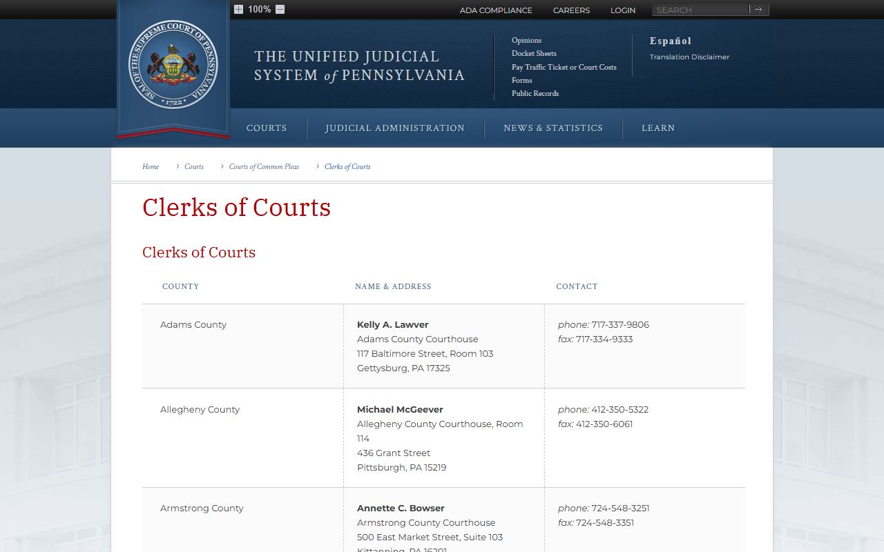 Elk County Clerk of Courts statewide directory records