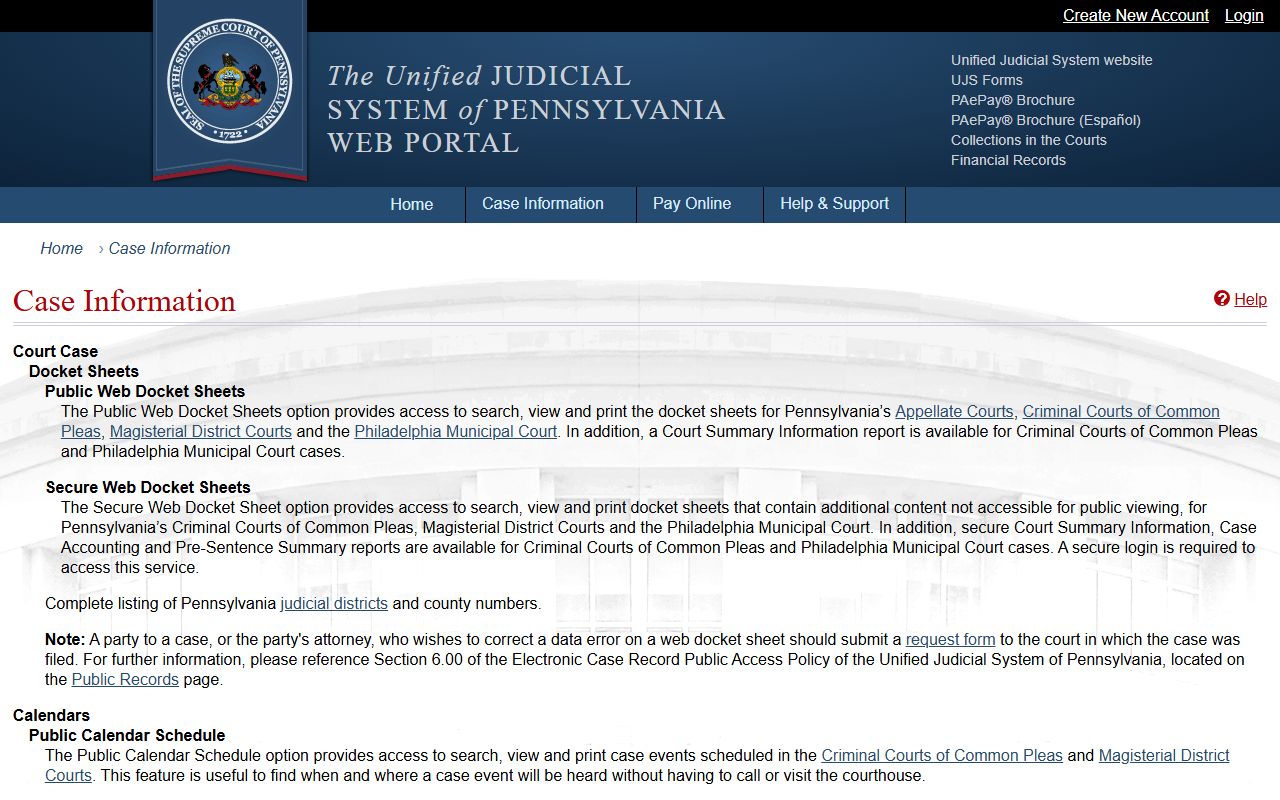 Elk County court records UJS case information page