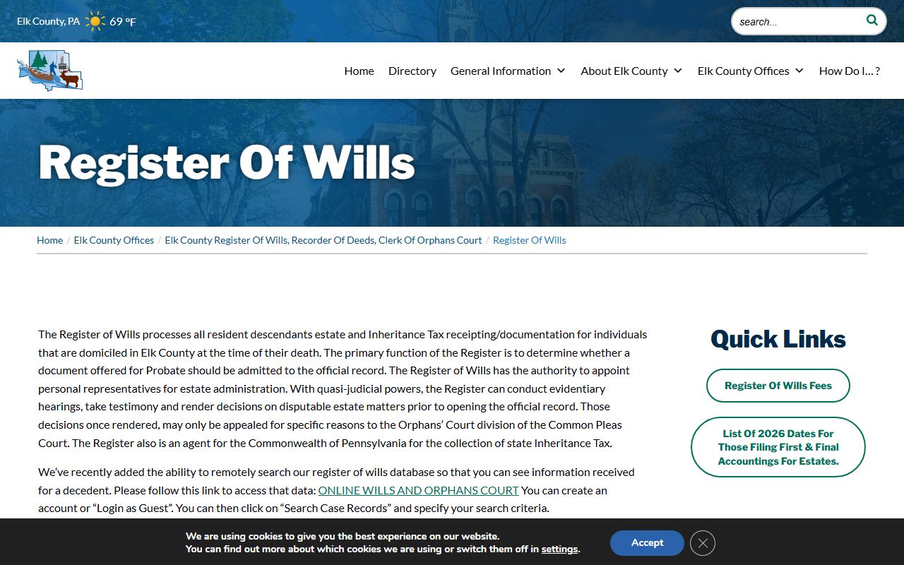 Elk County probate records Register of Wills online search information