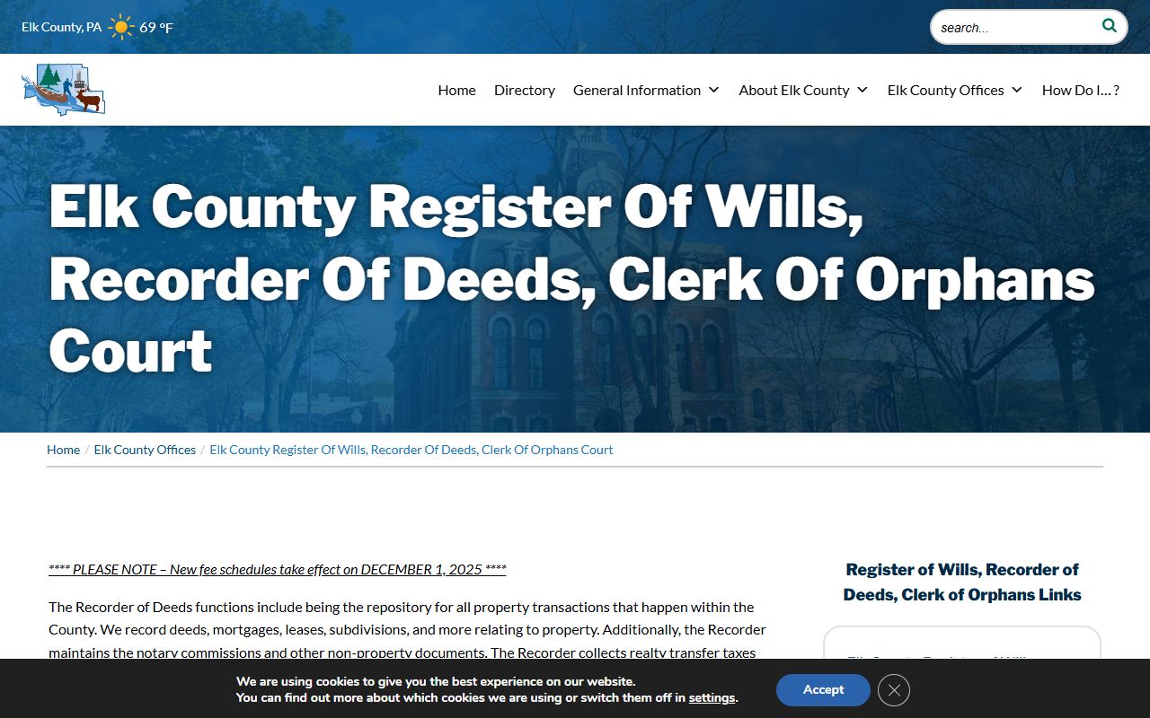 Elk County probate records Register Recorder Clerk of Orphans Court office